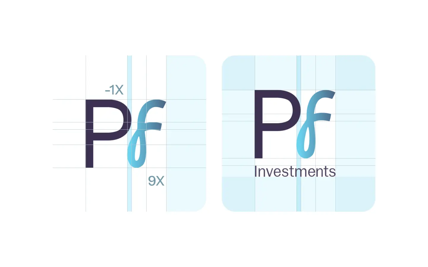Two construction diagrams of a Pf monogram on a measurement grid: the mark alone with its clearspace marked minus 1X and 9X, and the same mark locked up above a single word inside a rounded tile